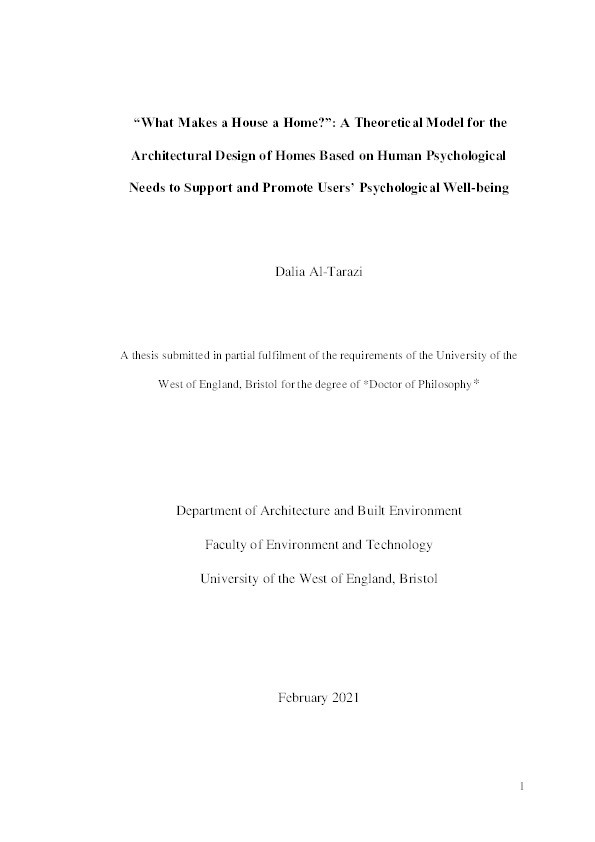 “What makes a house a home?”: A theoretical model for the architectural design of homes based on human psychological needs to support and promote users’ psychological well-being Thumbnail