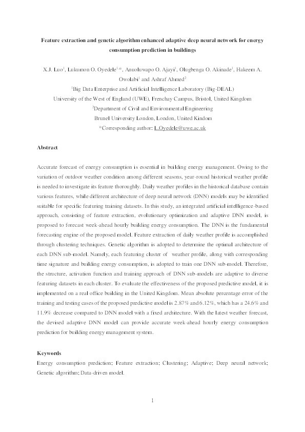 Feature extraction and genetic algorithm enhanced adaptive deep neural network for energy consumption prediction in buildings Thumbnail