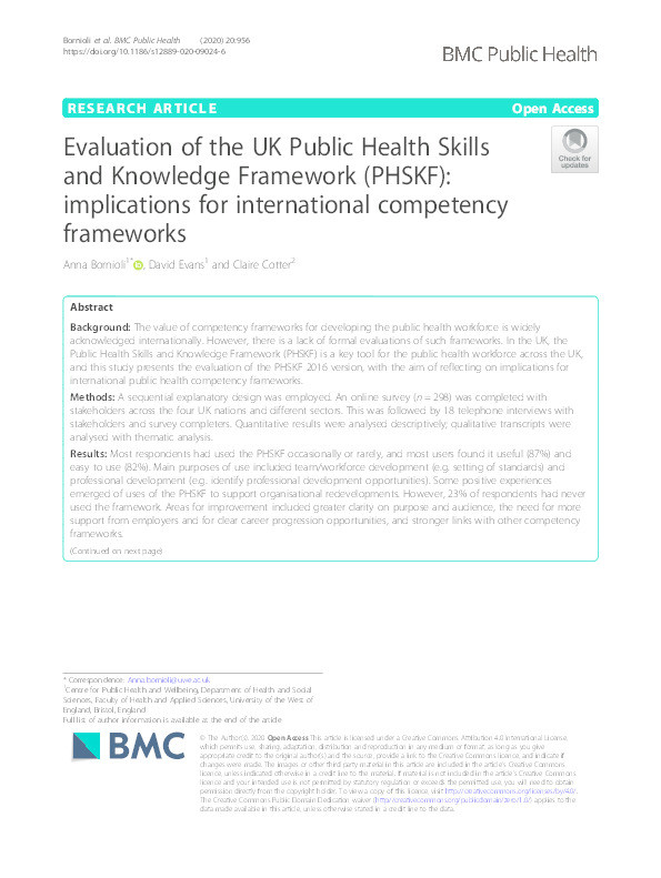 Evaluation of the UK Public Health Skills and Knowledge Framework (PHSKF): Implications for international competency frameworks Thumbnail