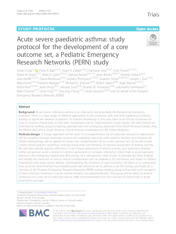 Acute severe paediatric asthma: Study protocol for the development of a core outcome set, a Pediatric Emergency Research Networks (PERN) study Thumbnail