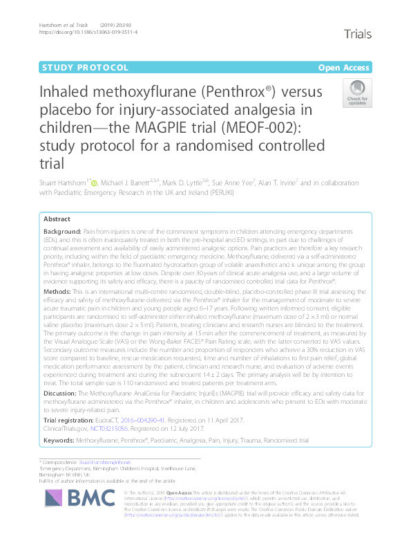 Inhaled methoxyflurane (Penthrox®) versus placebo for injury-associated analgesia in children - The MAGPIE trial (MEOF-002): Study protocol for a randomised controlled trial Thumbnail