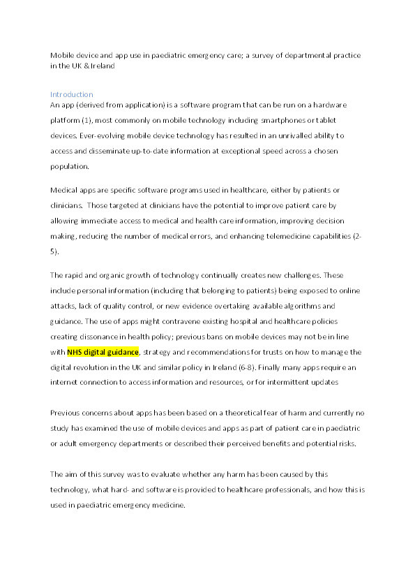 Mobile device and app use in paediatric emergency care: A survey of departmental practice in the UK and Ireland Thumbnail