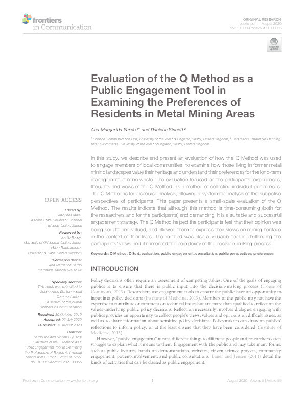 Evaluation of the Q Method as a public engagement tool in examining the preferences of residents in metal mining areas Thumbnail