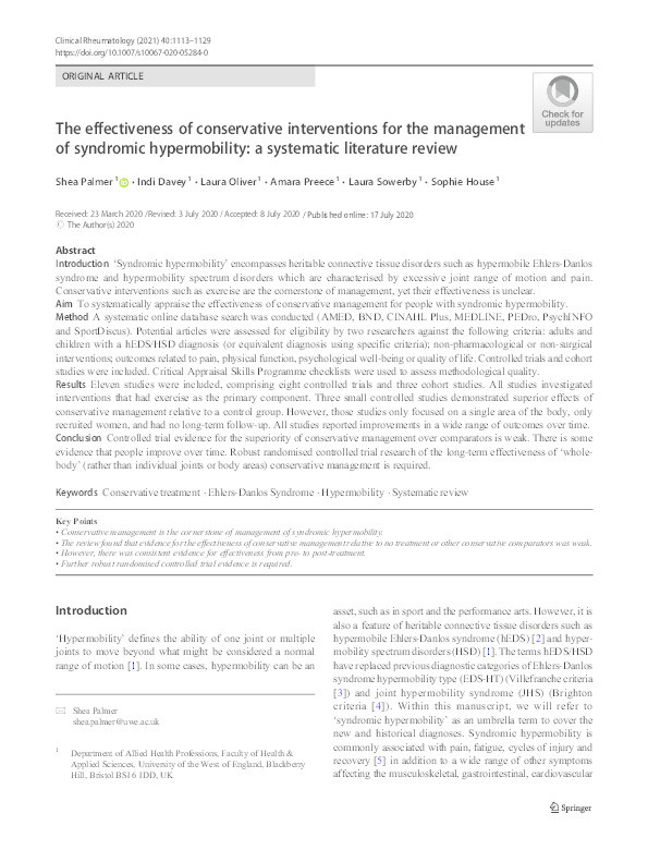 The effectiveness of conservative interventions for the management of syndromic hypermobility: A systematic literature review Thumbnail