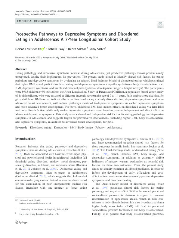 Prospective pathways to depressive symptoms and disordered eating in adolescence: A 7-year longitudinal cohort study Thumbnail
