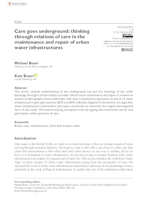 Care goes underground: Thinking through relations of care in the maintenance and repair of urban water infrastructures Thumbnail