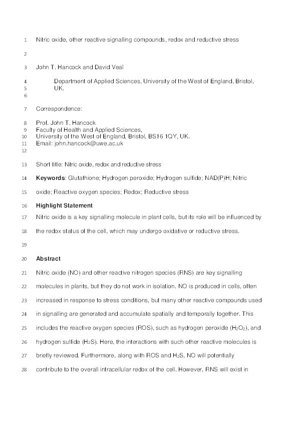 Nitric oxide, other reactive signalling compounds, redox, and reductive stress Thumbnail