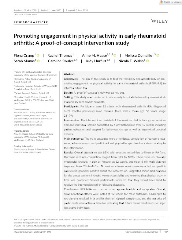 Promoting engagement in physical activity in early rheumatoid arthritis: A proof‐of‐concept intervention study Thumbnail