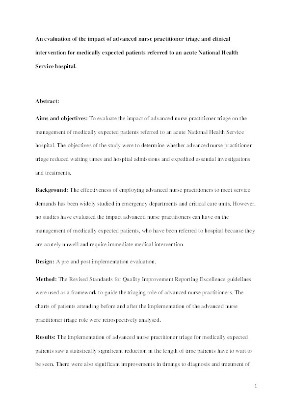 An evaluation of the impact of advanced nurse practitioner triage and clinical intervention for medically expected patients referred to an acute National Health Service hospital Thumbnail