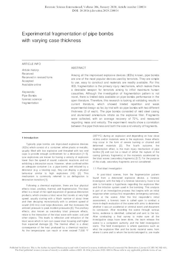 Experimental fragmentation of pipe bombs with varying case thickness Thumbnail
