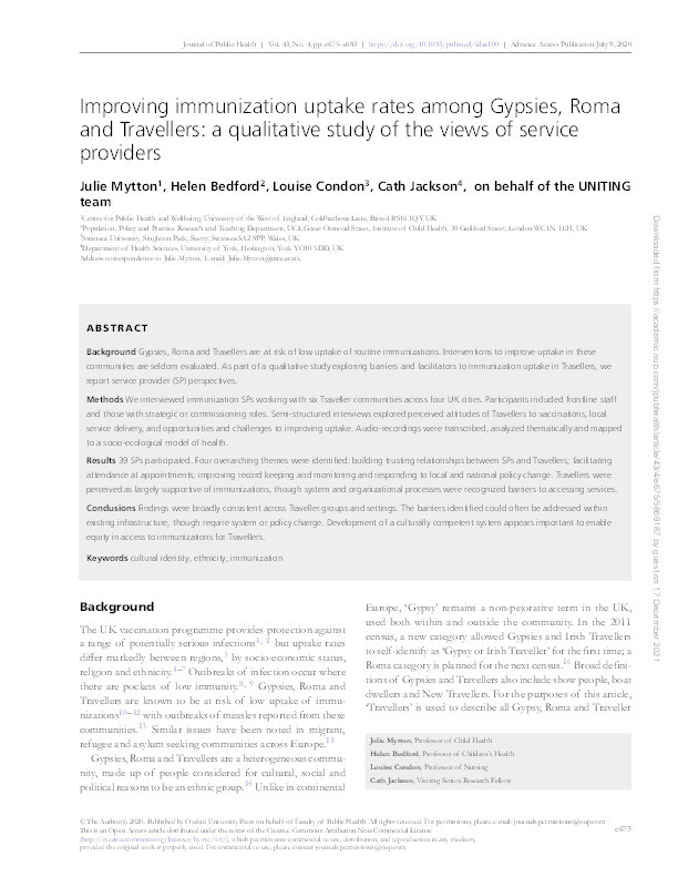 Improving immunization uptake rates among Gypsies, Roma and Travellers: a qualitative study of the views of service providers Thumbnail