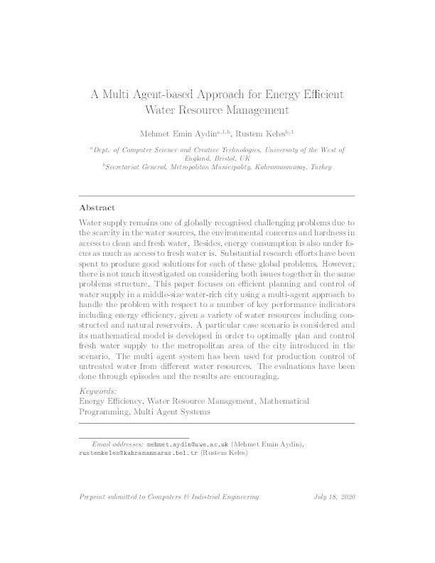 A multi agent-based approach for energy efficient water resource management Thumbnail