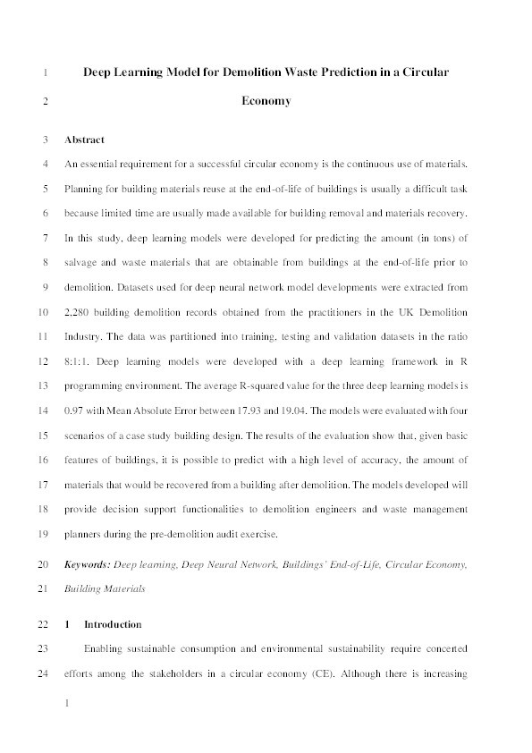 Deep learning model for demolition waste prediction in a circular economy Thumbnail