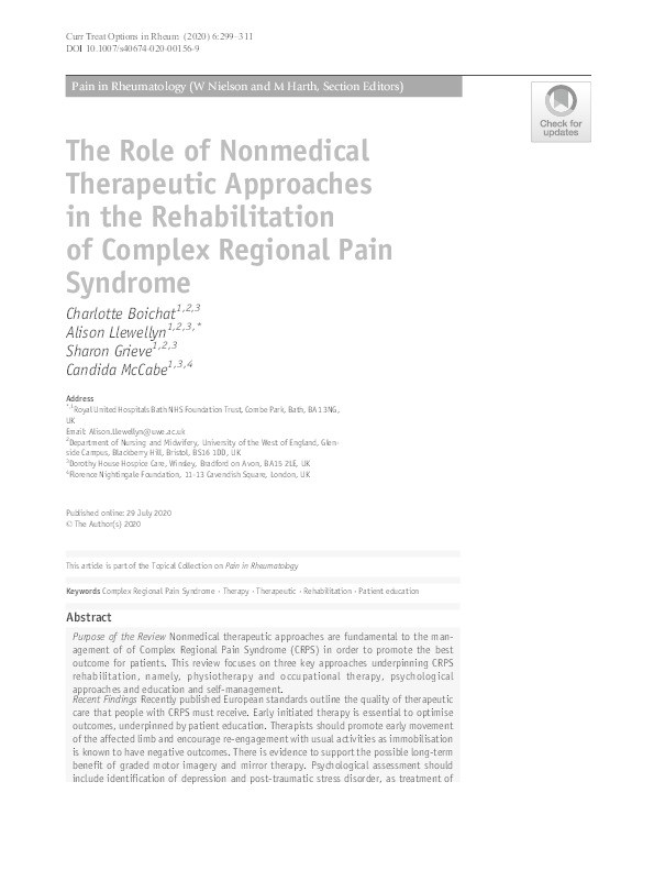 The role of non-medical therapeutic approaches in the rehabilitation of Complex Regional Pain Syndrome Thumbnail