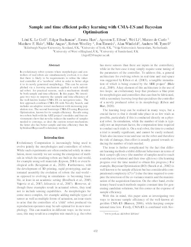 Sample and time efficient policy learning with CMA-ES and Bayesian Optimisation Thumbnail