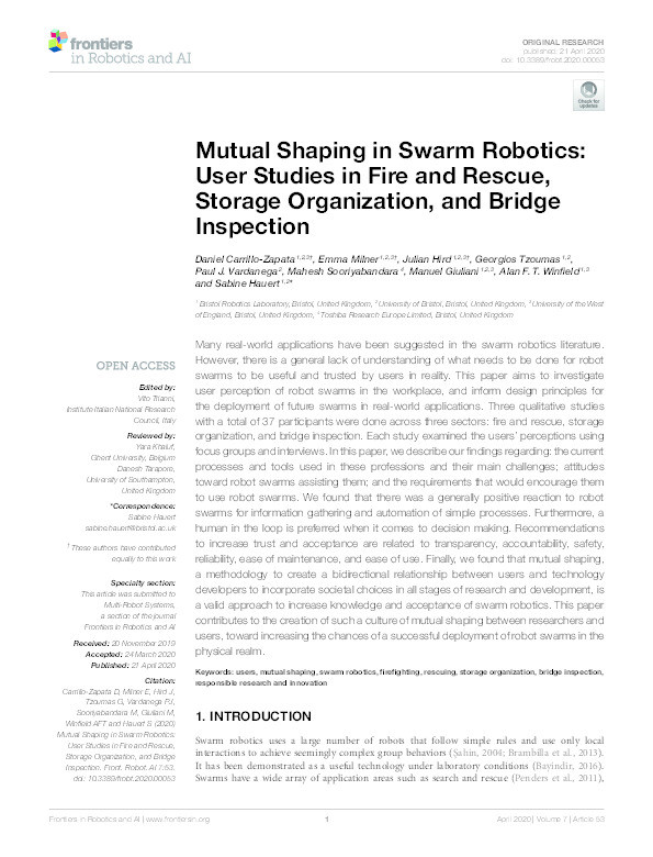 Mutual shaping in swarm robotics: User studies in fire and rescue, storage organization, and bridge inspection Thumbnail