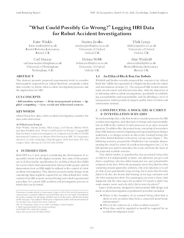 "What could possibly go wrong?": Logging HRI data for robot accident investigation Thumbnail