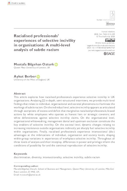 Racialised professionals’ experiences of selective incivility in organisations: A multi-level analysis of subtle racism Thumbnail