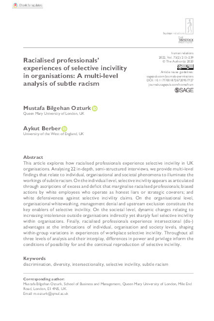 Racialised professionals’ experiences of selective incivility in organisations: A multi-level analysis of subtle racism Thumbnail