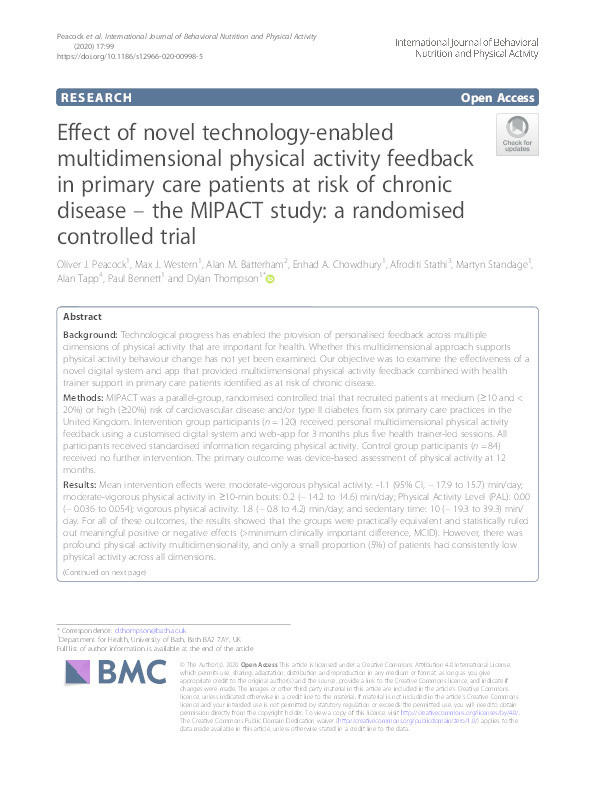 Effect of novel technology-enabled multidimensional physical activity feedback in primary care patients at risk of chronic disease – the MIPACT study: A randomised controlled trial Thumbnail