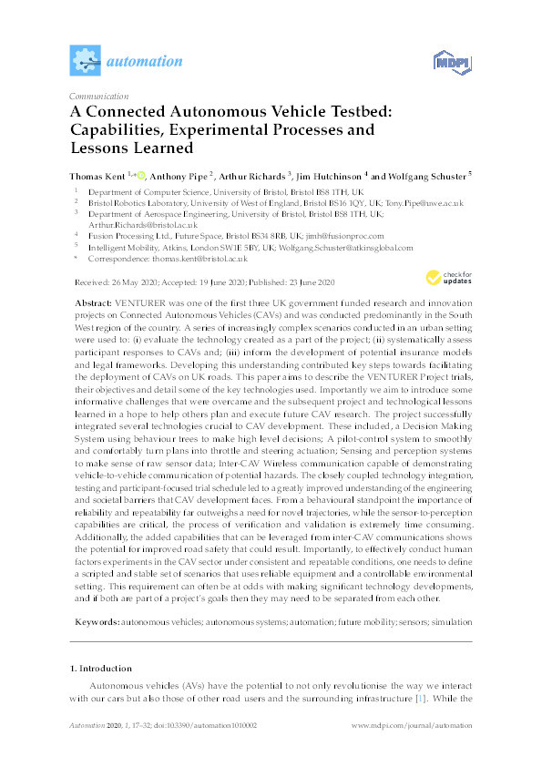 A connected autonomous vehicle testbed: Capabilities, experimental processes and lessons learned Thumbnail