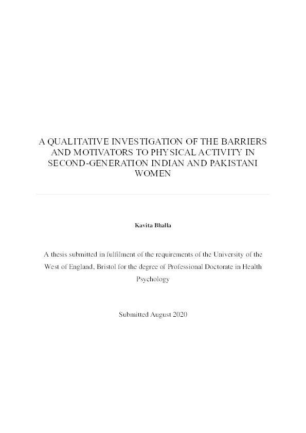 A qualitative investigation of the barriers and motivators  to physical activity in second-generation Indian and Pakistani  women Thumbnail