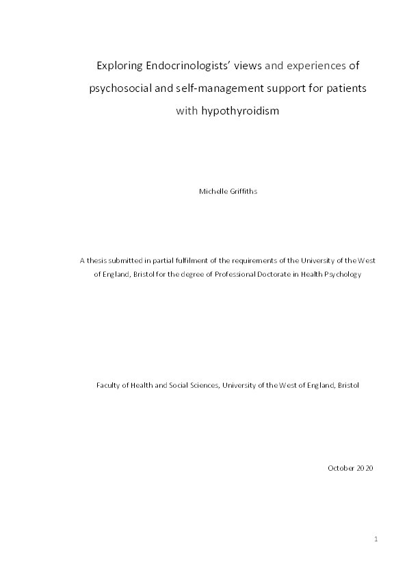 Exploring endocrinologists’ views and experiences of psychosocial and self-management support for patients with hypothyroidism Thumbnail