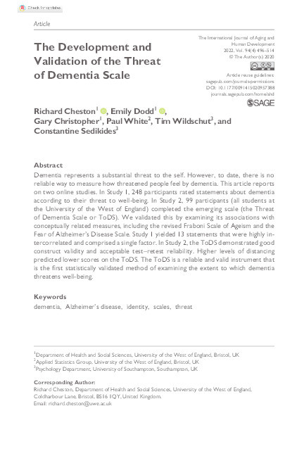 The development and validation of the Threat of Dementia Scale Thumbnail