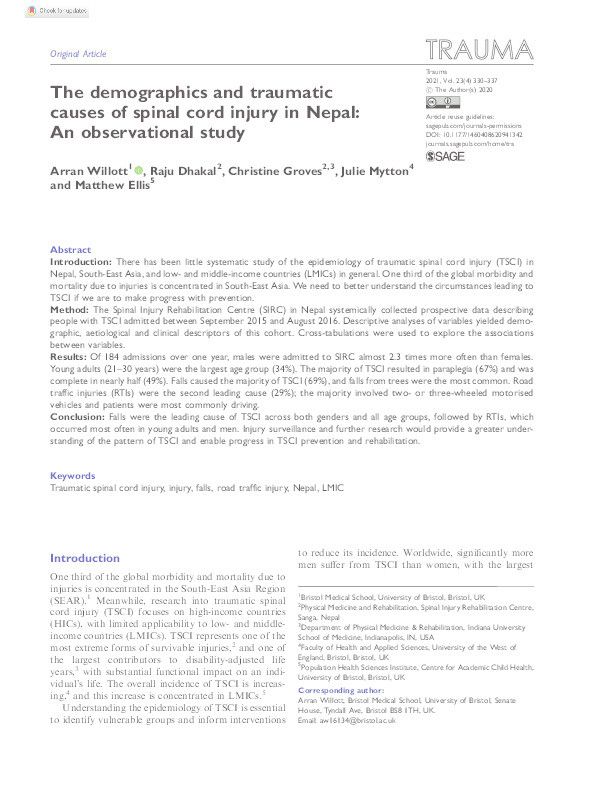The demographics and traumatic causes of spinal cord injury in Nepal: An observational study Thumbnail