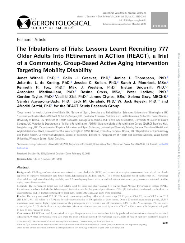 The tribulations of trials: Lessons learnt recruiting 777 older adults into REtirement in ACTion (REACT), a trial of a community, group-based active ageing intervention targeting mobility disability Thumbnail