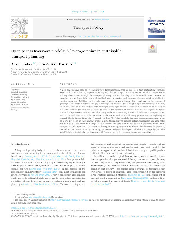Open access transport models: A leverage point in sustainable transport planning Thumbnail