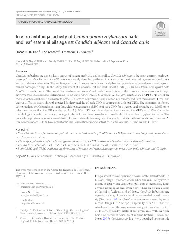 In vitro antifungal activity of Cinnamomum zeylanicum bark and leaf essential oils against Candida albicans and Candida auris Thumbnail