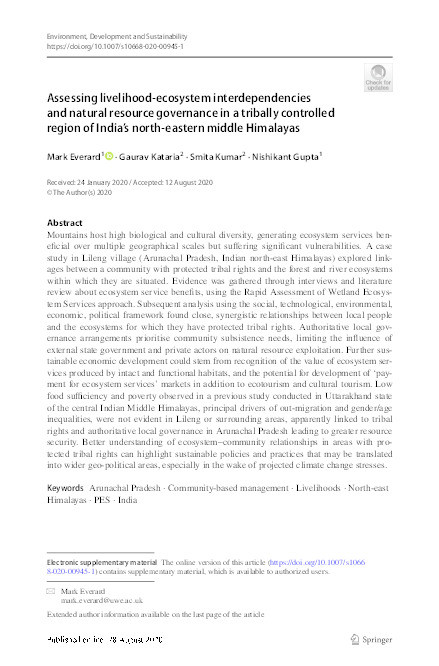 Assessing livelihood-ecosystem interdependencies and natural resource governance in a tribally controlled region of India’s north-eastern middle Himalayas Thumbnail