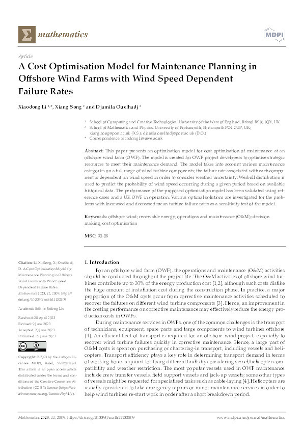 A cost optimisation model for maintenance planning in offshore wind farms with wind speed dependent failure rates Thumbnail