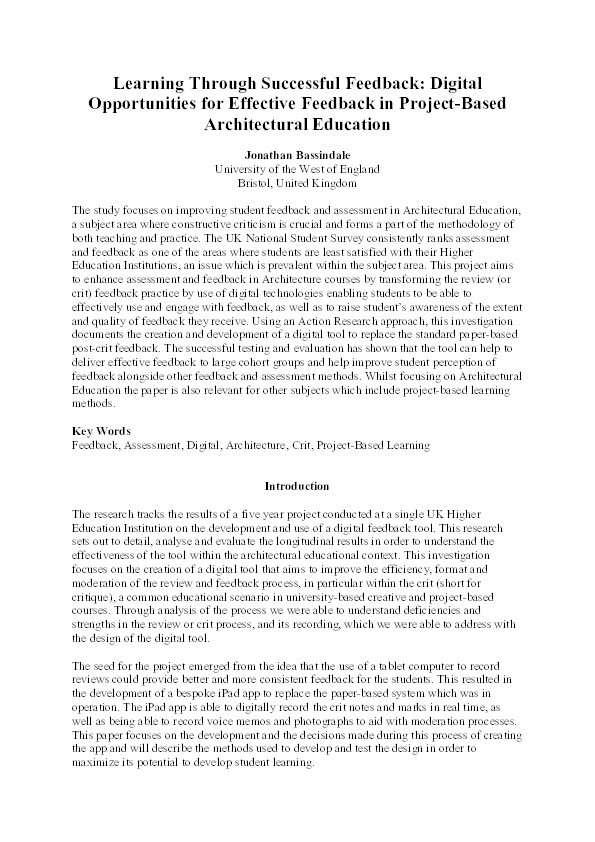 Learning through successful feedback: Digital opportunities for effective feedback in project-based architectural education Thumbnail