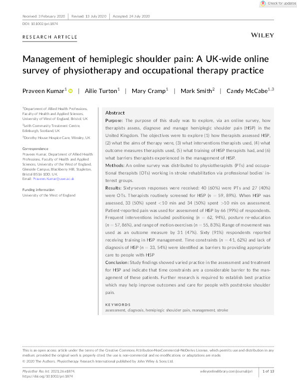 Management of hemiplegic shoulder pain: A UK-wide online survey of physiotherapy and occupational therapy practice Thumbnail