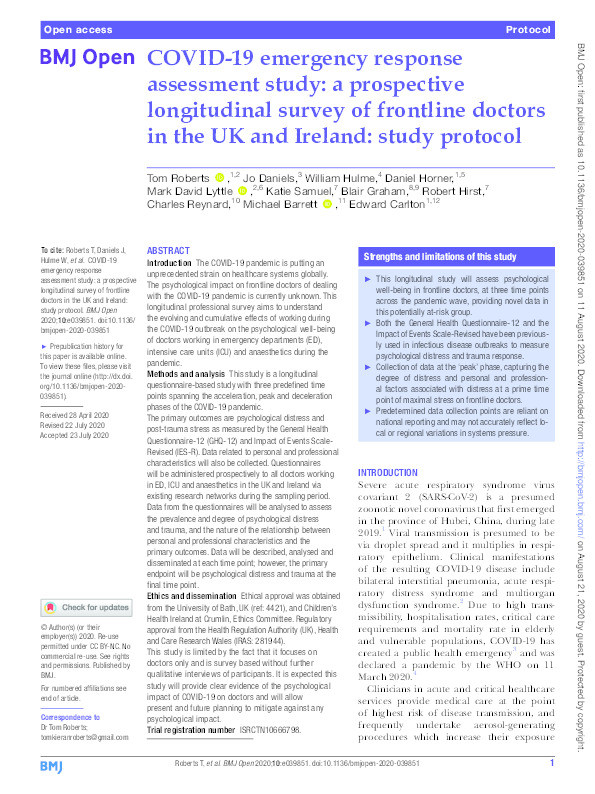 COVID-19 emergency response assessment study: a prospective longitudinal survey of frontline doctors in the UK and Ireland: study protocol Thumbnail