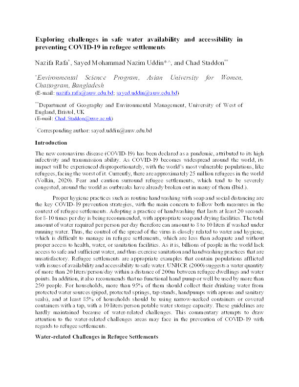 Exploring challenges in safe water availability and accessibility in preventing COVID-19 in refugee settlements Thumbnail