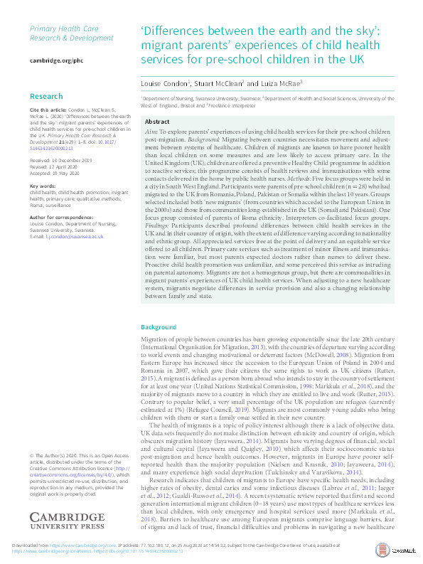 ‘Differences between the earth and the sky’: Migrant parents’ experiences of child health services for pre-school children in the UK Thumbnail