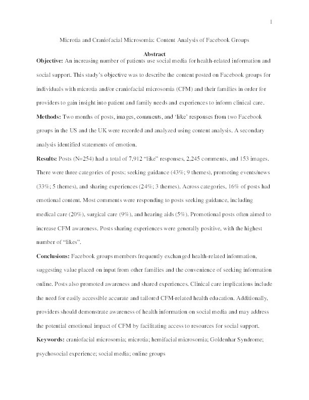 Microtia and craniofacial microsomia: Content analysis of facebook groups Thumbnail