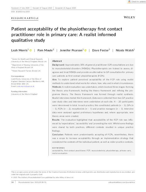 Patient acceptability of the physiotherapy first contact practitioner role in primary care: A realist informed qualitative study Thumbnail