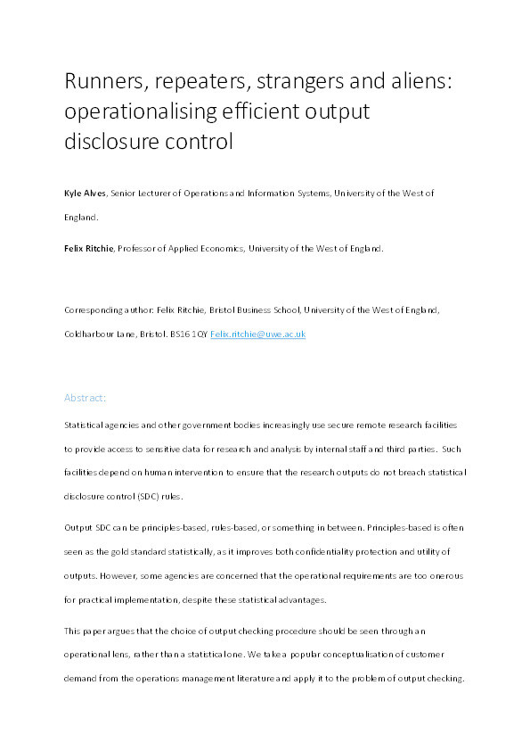 Runners, repeaters, strangers and aliens: Operationalising efficient output disclosure control Thumbnail