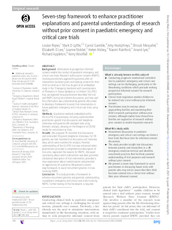 Seven-step framework to enhance practitioner explanations and parental understandings of research without prior consent in paediatric emergency and critical care trials Thumbnail