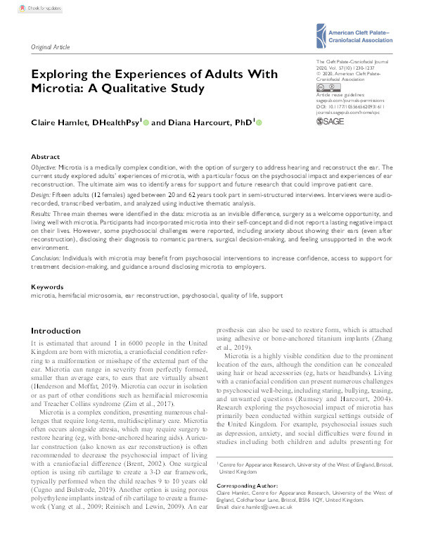 Exploring the experiences of adults with microtia: A qualitative study Thumbnail