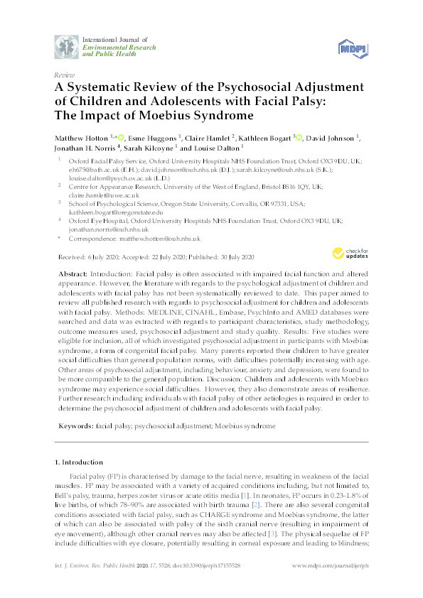 A systematic review of the psychosocial adjustment of children and adolescents with facial palsy: The impact of Moebius syndrome Thumbnail