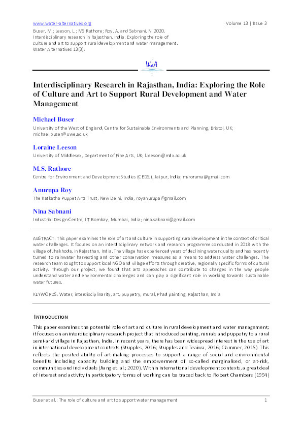 Interdisciplinary Research in Rajasthan, India: Exploring the Role of Culture and Art to Support Rural Development and Water Management Thumbnail
