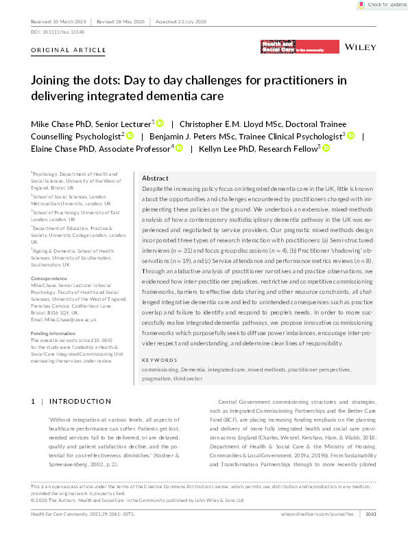 Joining the dots: Day to day challenges for practitioners in delivering integrated dementia care Thumbnail