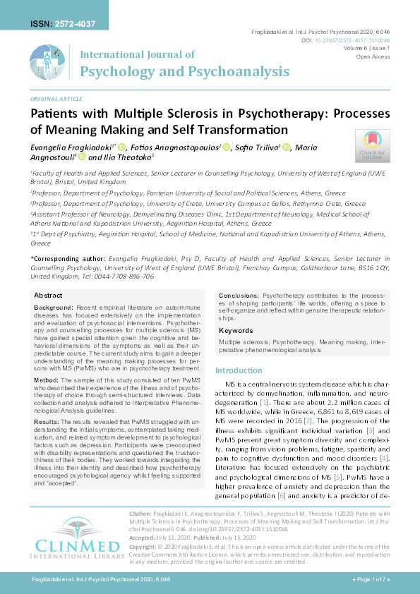 Patients with multiple sclerosis in psychotherapy: Processes of meaning making and self transformation Thumbnail