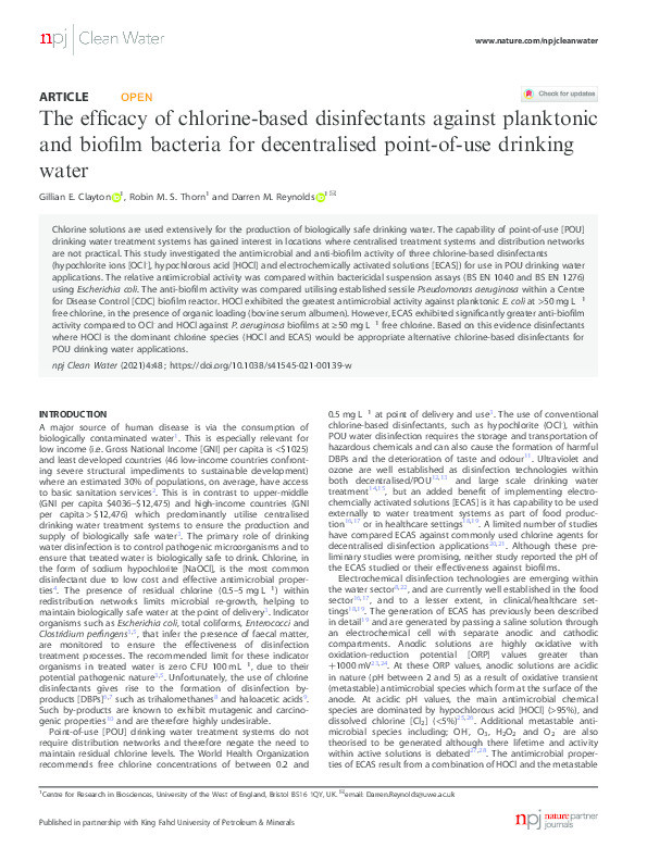 The efficacy of chlorine-based disinfectants against planktonic and biofilm bacteria for decentralised point-of-use drinking water Thumbnail
