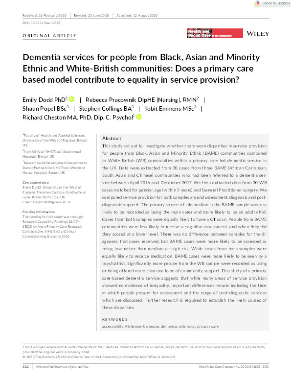 Dementia services for people from Black, Asian and Minority Ethnic and White-British communities: Does a primary care based model contribute to equality in service provision? Thumbnail